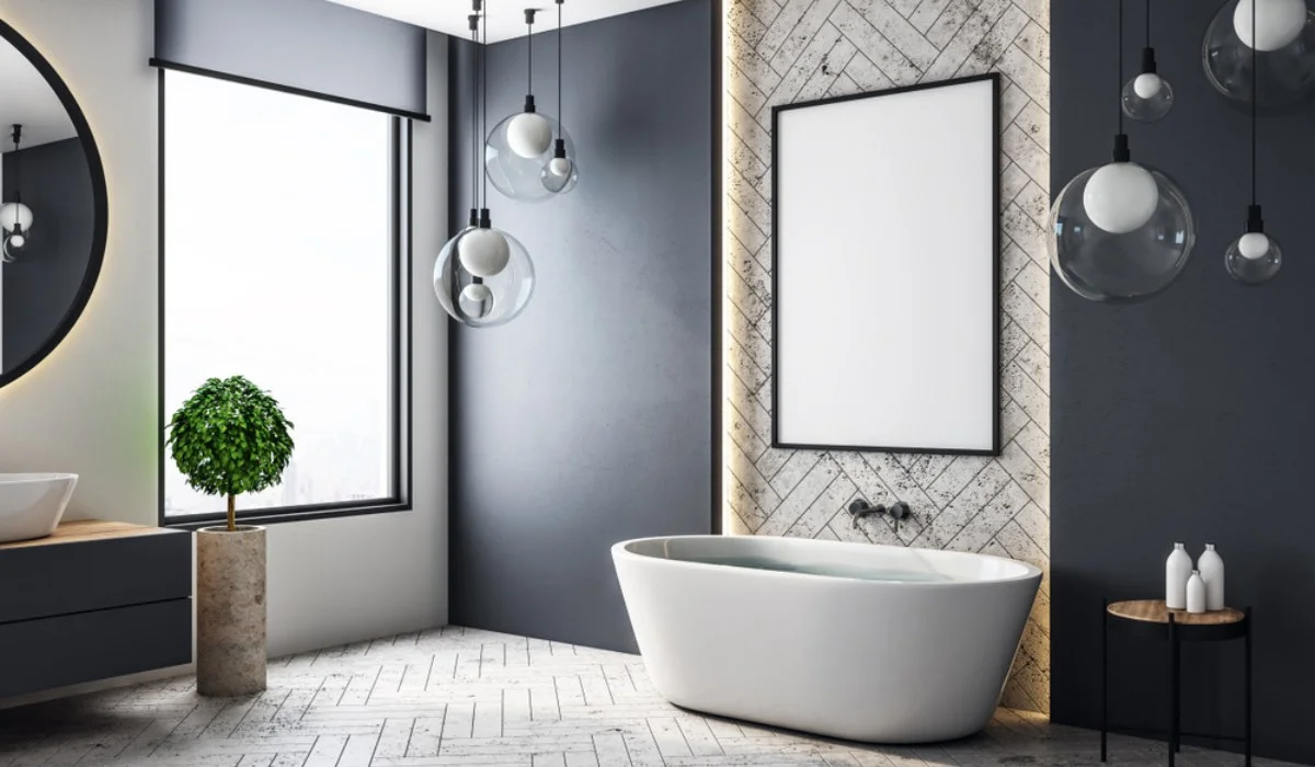 Modern Unique Pattern Bath Room Design In Grey And White