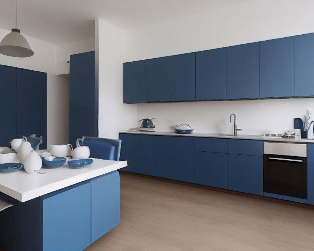 An Eye-Catching Modular Kitchen Design In Navy Blue And White