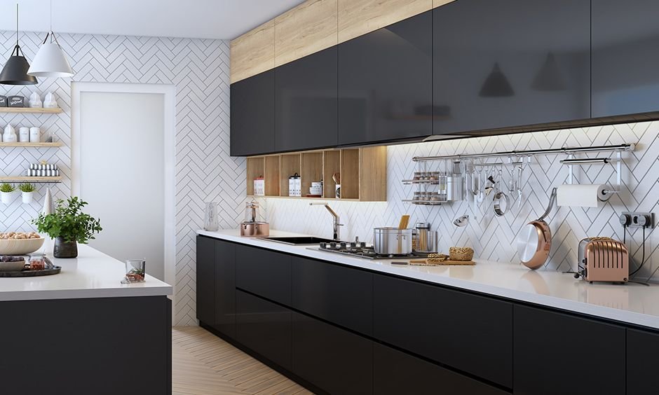 Modern Modular Parallel Kitchen Design Featuring Dado Tiles In Black And White